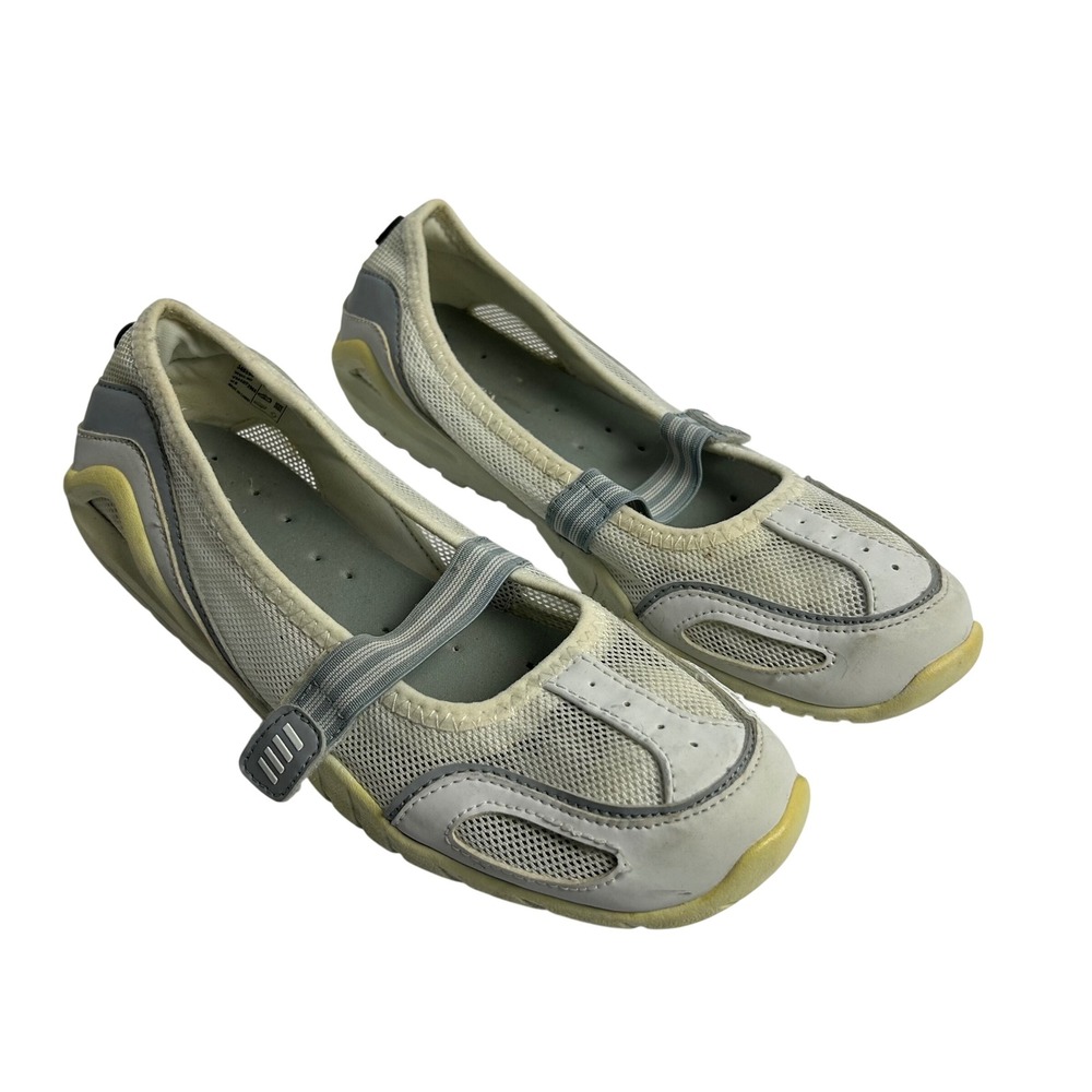 Lands End Womens Mary Jane Water Shoes White Grey Yellow Mesh Active 8B 345599